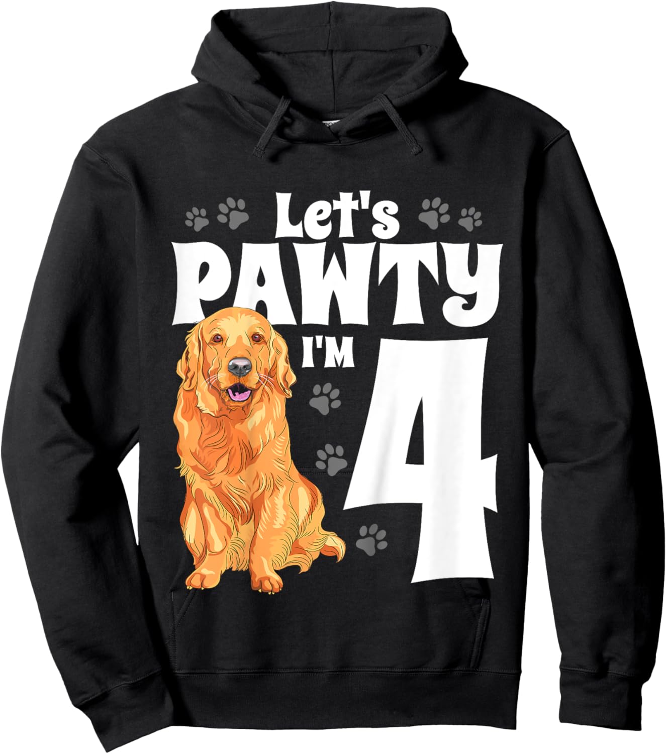 Kids 4 Year Old Golden Retriever Dog Birthday Pawty Dogs 4th Gift Hoodie - Hoodie | Black