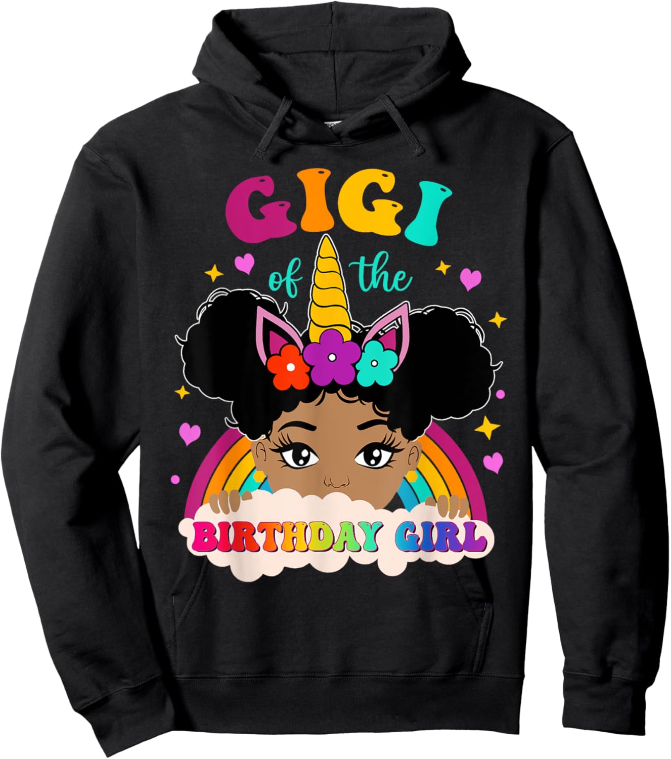 Gigi of The Birthday Girl Rainbow Afro Melanin Unicorn Hoodie - Hoodie | Black