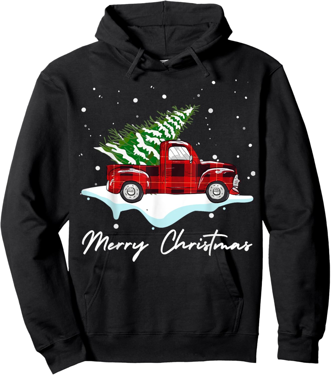 Buffalo Red Plaid Pickup Truck and Tree Snow Merry Christmas Hoodie - Hoodie | Black