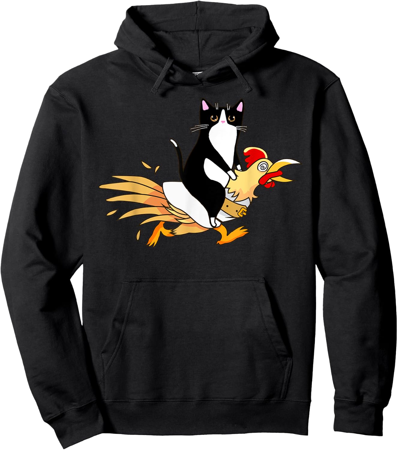 Tuxedo Cat Riding a Chicken Women Catfather Hoodie - Hoodie | Black