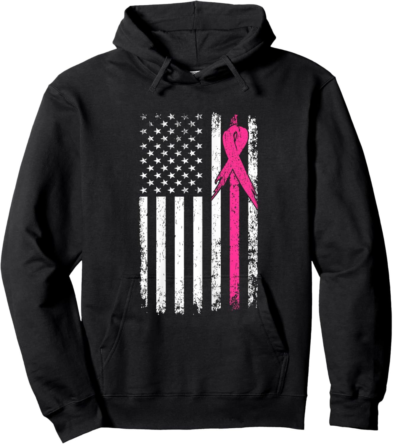 American Flag Pink Ribbon Breast Cancer Awareness Month Women Hoodie - Hoodie | Black