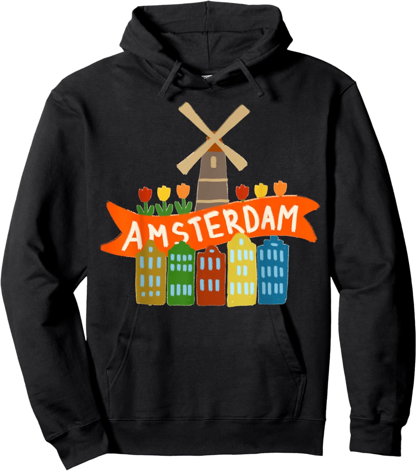 Amsterdam Windmill Tulips Houses Holland Netherlands Hoodie - Hoodie | Black