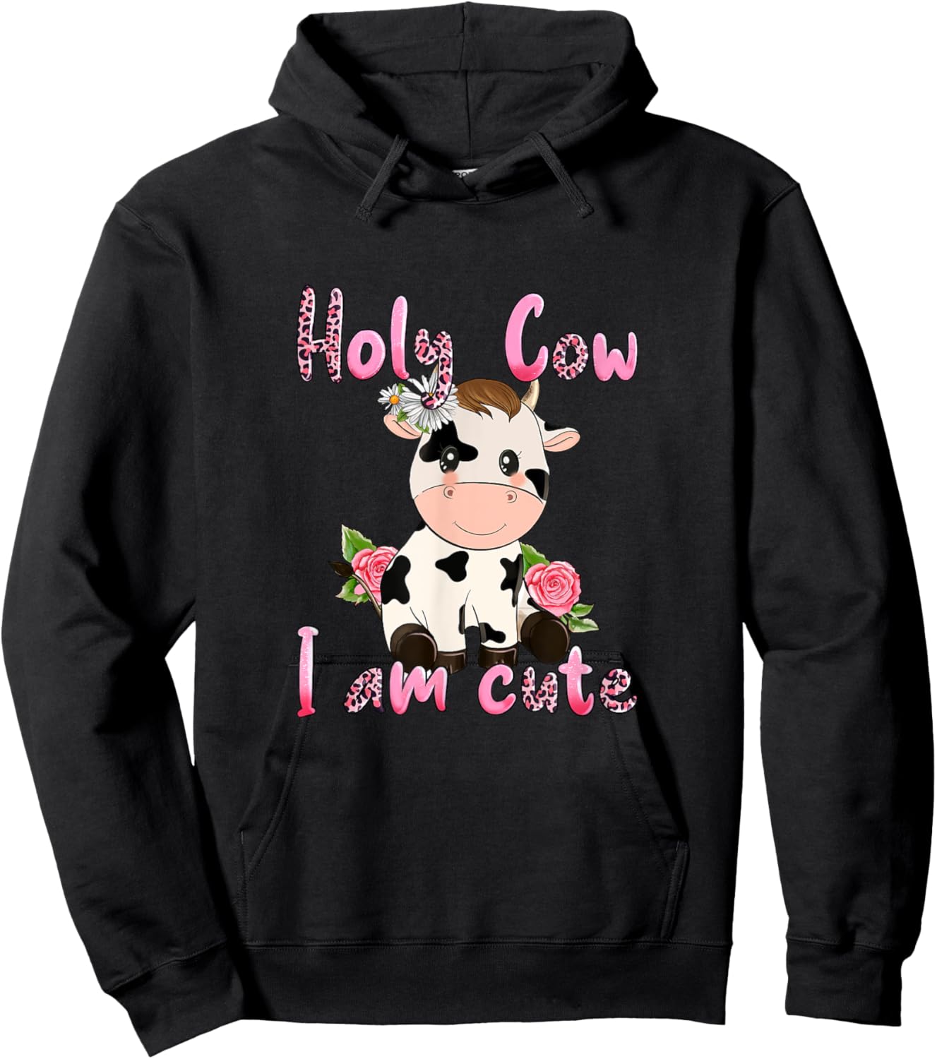 Pink Vintage Holy Cow I'm Cute Moo Cow Mama Leopard Floral Hoodie - Hoodie | Black