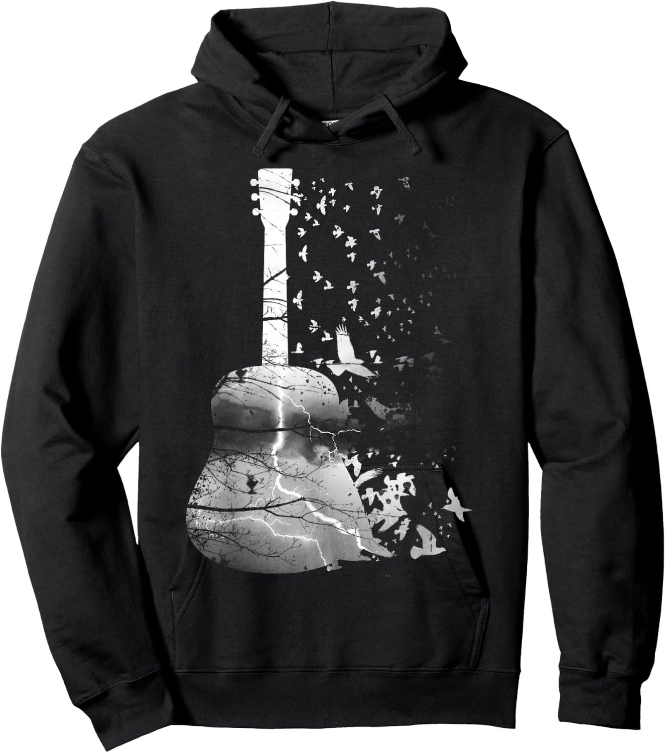 Awesome Nature Guitar Shirt With Tree, Thunder And Birds Hoodie - Hoodie | Black