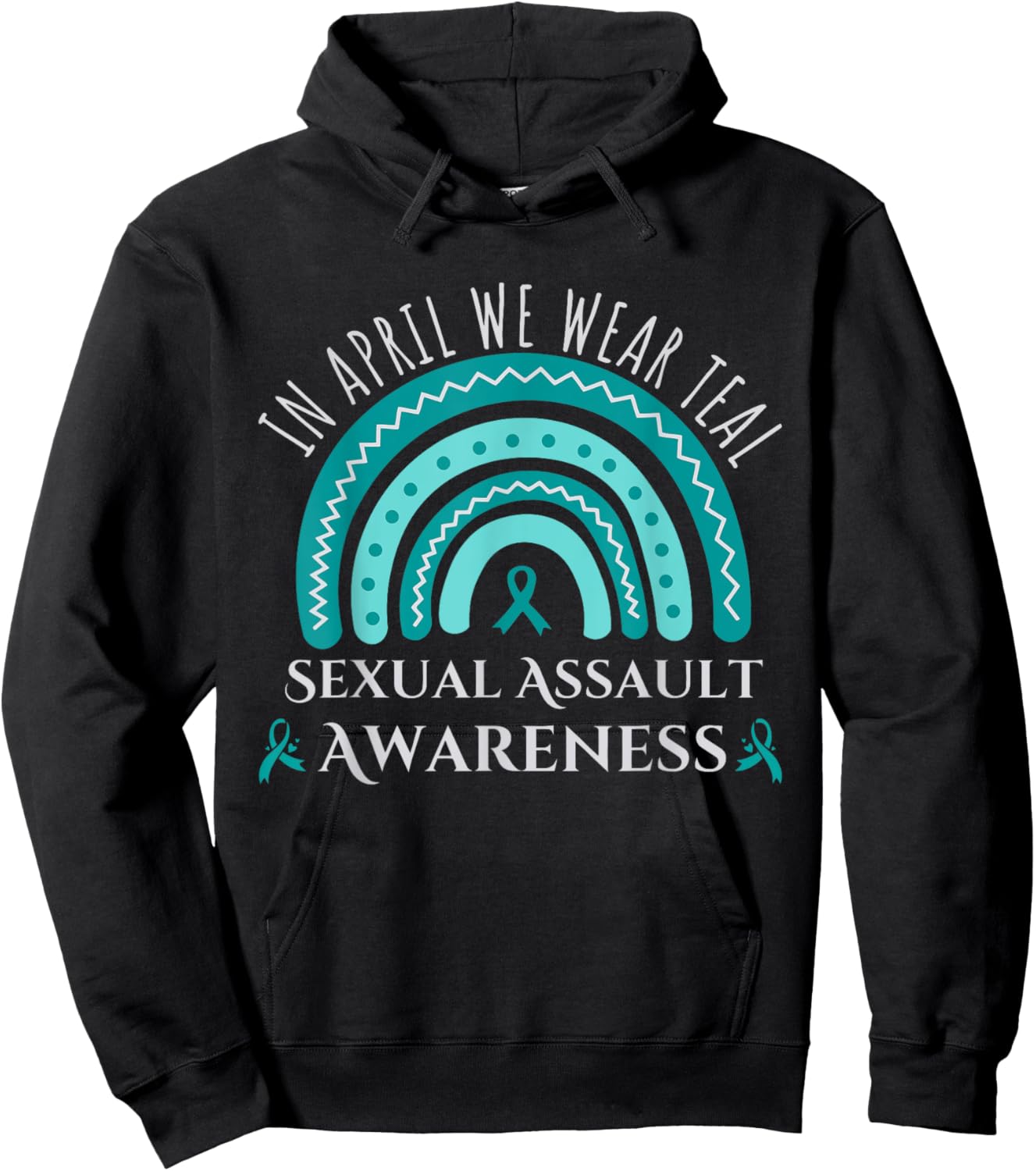 Sexual Assault Awareness Month Rainbow Teal Ribbon Support Hoodie - Hoodie | Black