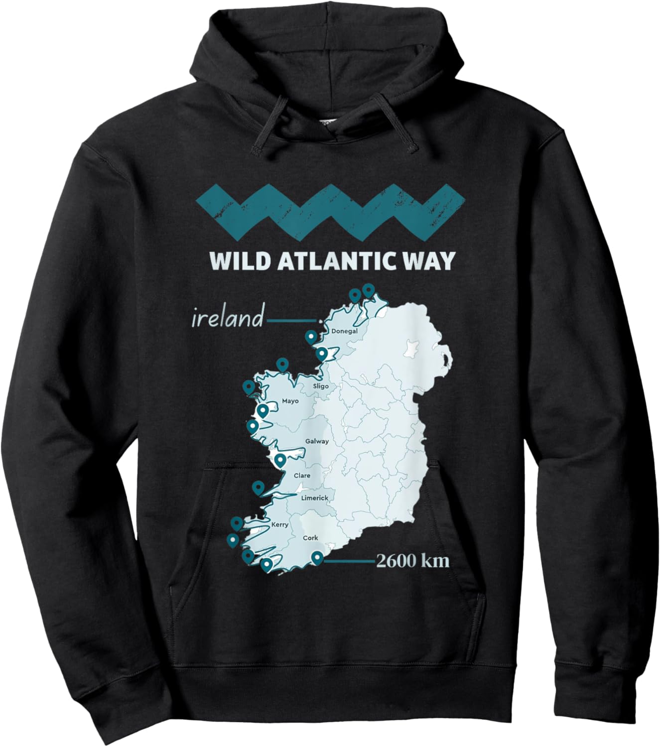 The wild atlantic way ireland coastal route map, west coast Hoodie - Hoodie | Black