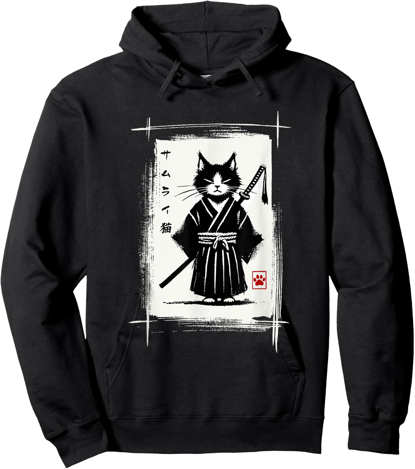 Samurai Cat Japanese Art Sumi-e Novelty Kawaii Funny Cat Hoodie - Hoodie | Black
