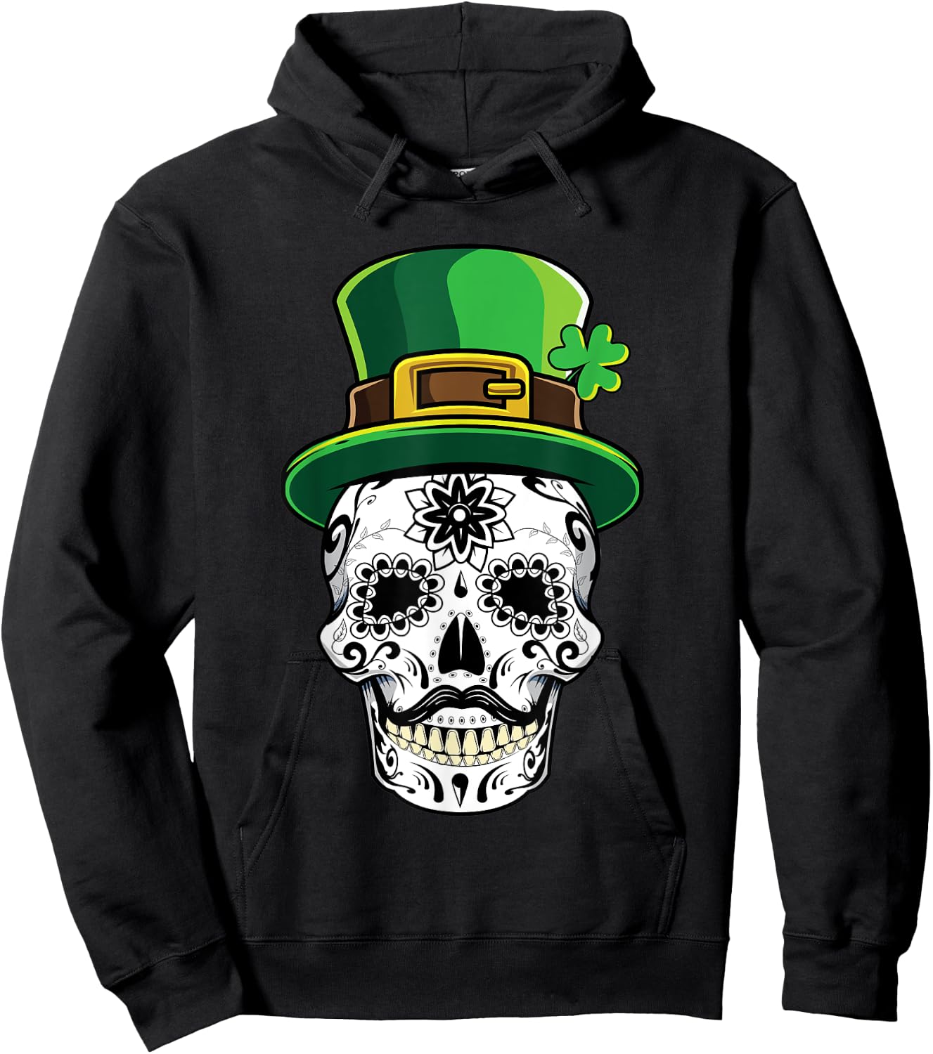 Four Leaf Clover Shamrock Sugar Skull St Patricks Day Gift Hoodie - Hoodie | Black