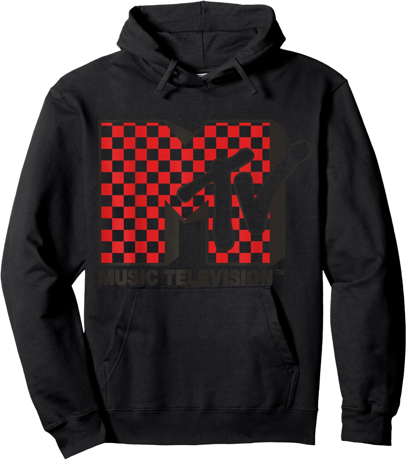 MTV Logo with Red Checkered Print Small Hoodie - Hoodie | Black