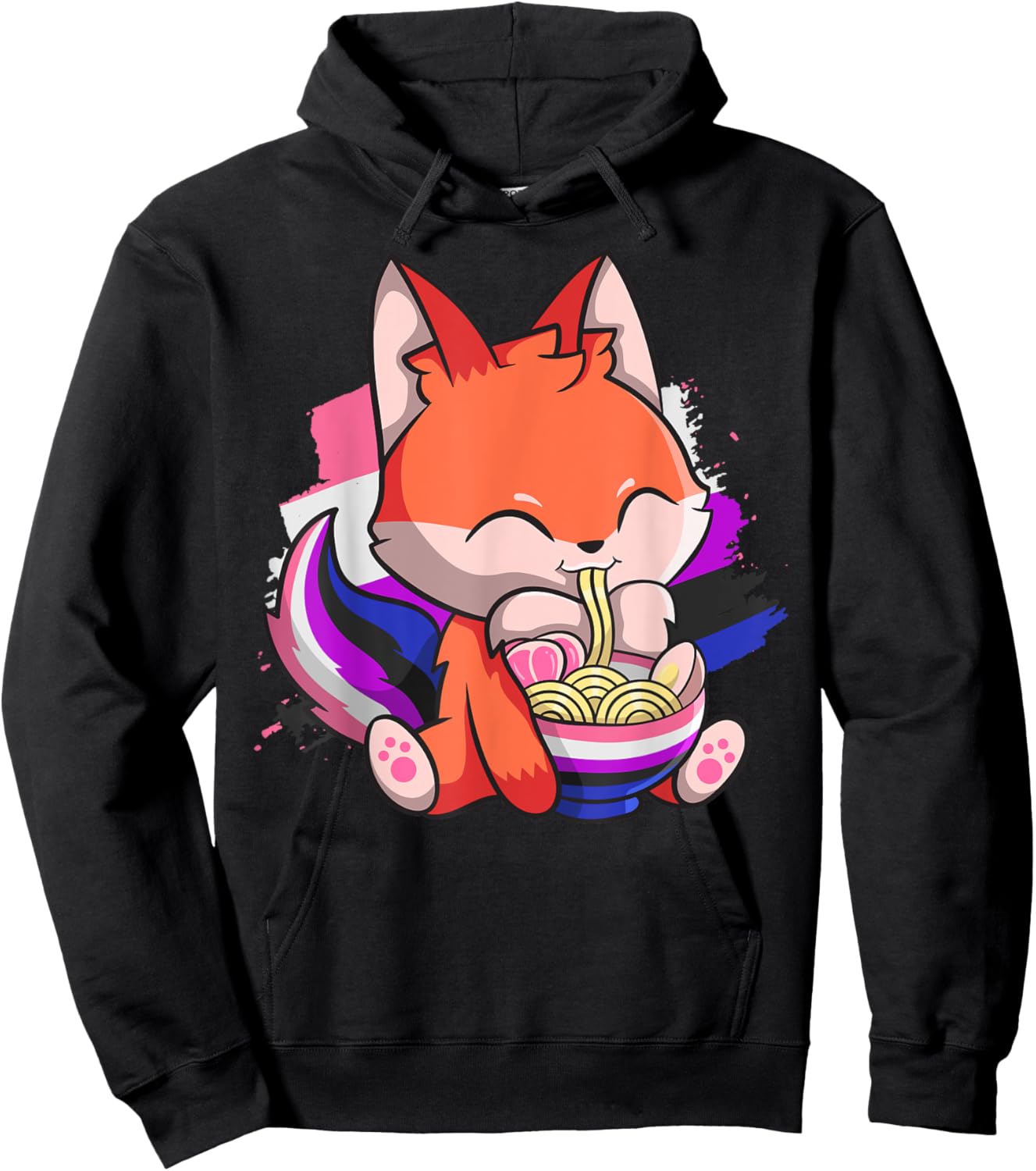 Genderfluid Pride Kawaii Fox Ramen Noodles Genderfluid Flag Hoodie - Hoodie | Black