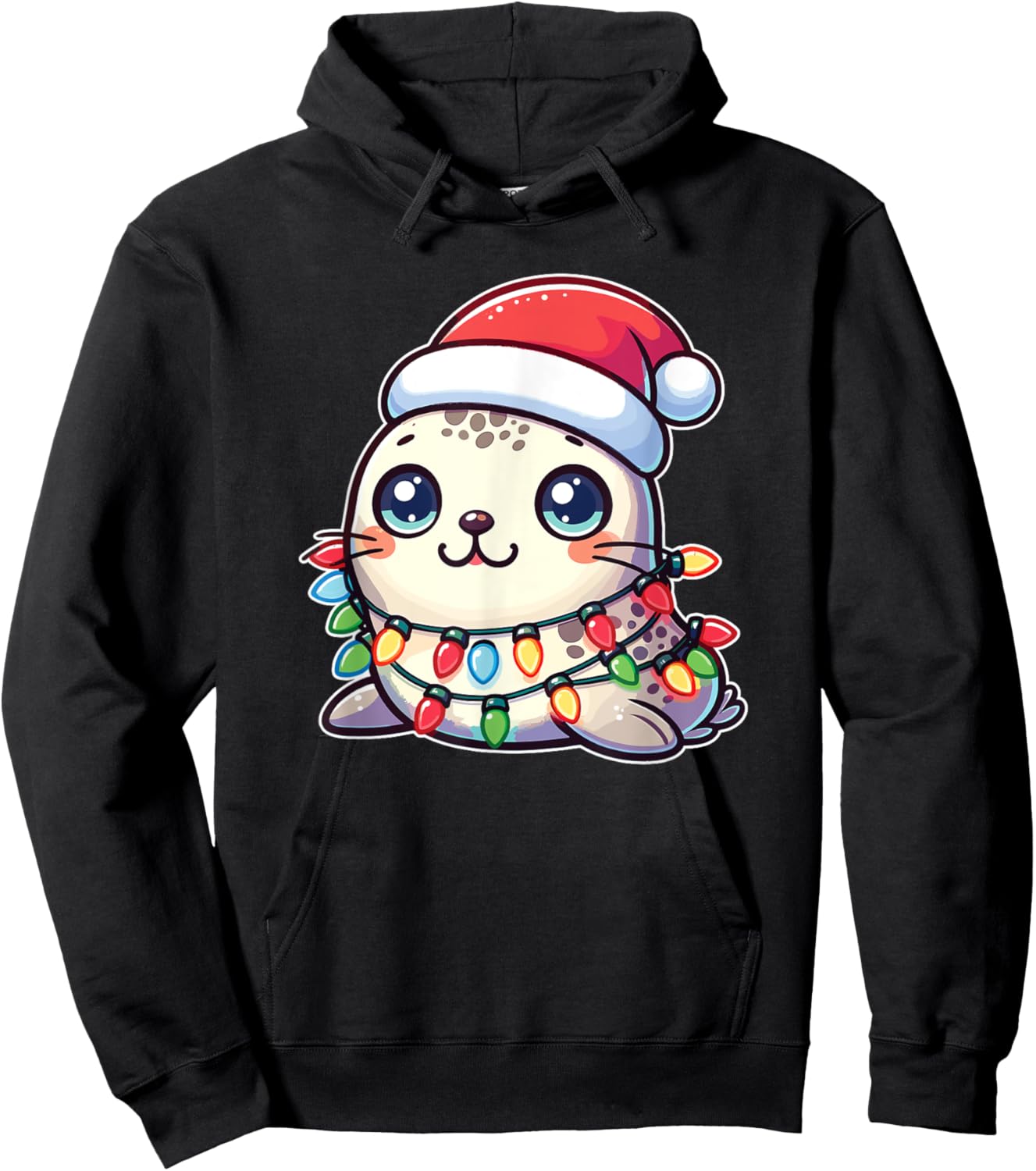 Santa Hat Christmas Fairy Lights Seal Hoodie - Hoodie | Black