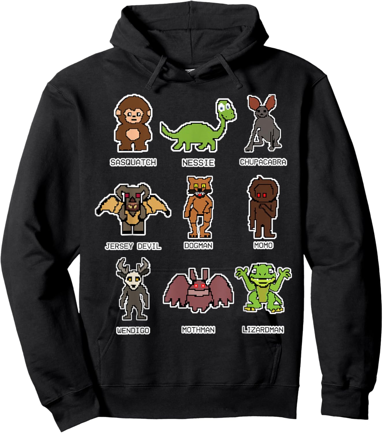 Bigfoot Ness Mothman Wendigo Monsters Retro 8-Bit Cryptid Hoodie - Hoodie | Black