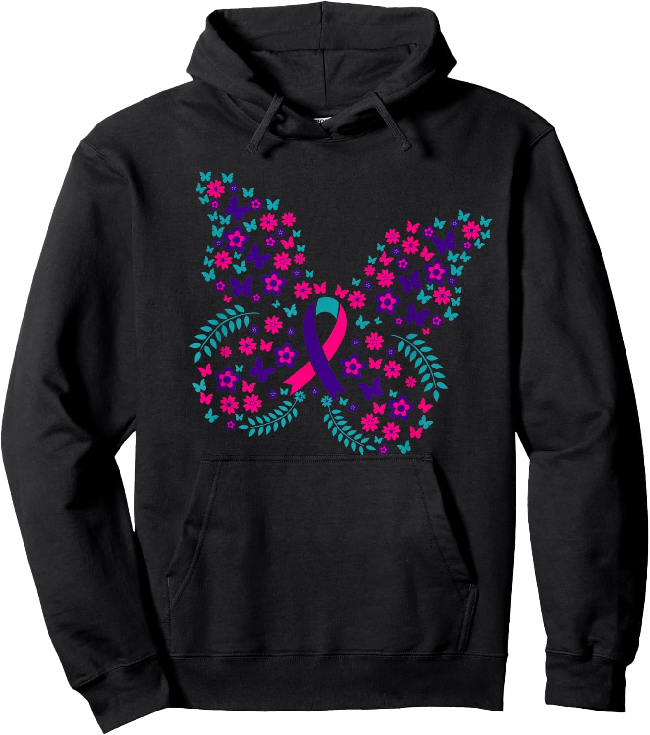 Flower Butterfly Thyroid Cancer Awareness Ribbon Gifts Hoodie - Hoodie | Black