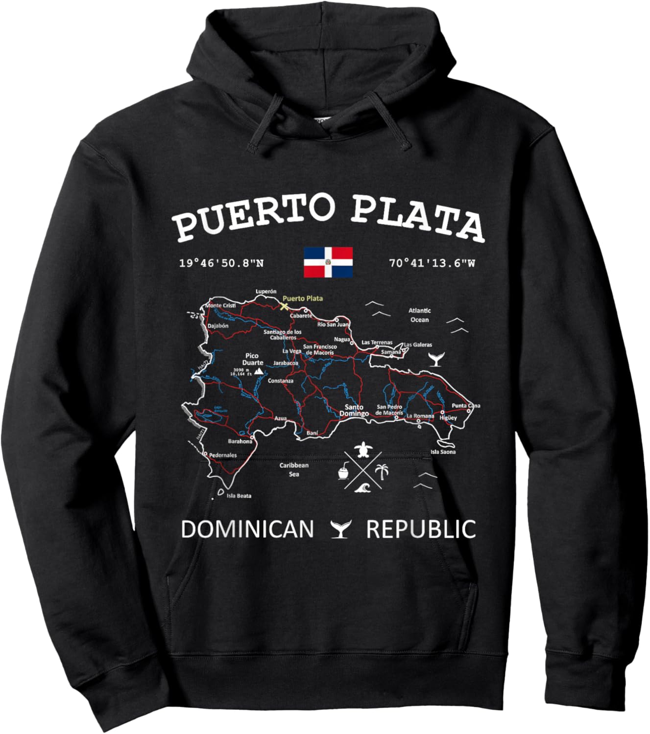 Puerto Plata Dominican Republic Flag Travel Map Coordinates Hoodie - Hoodie | Black