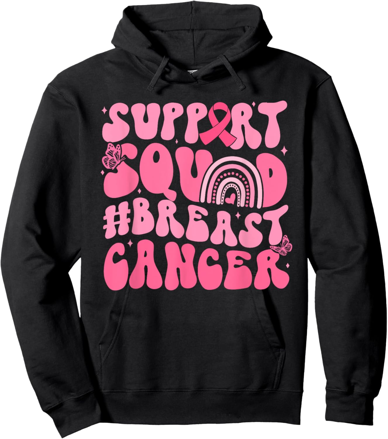 Boho Groovy Pink Rainbow Breast Cancer Support Squad Hoodie - Hoodie | Black