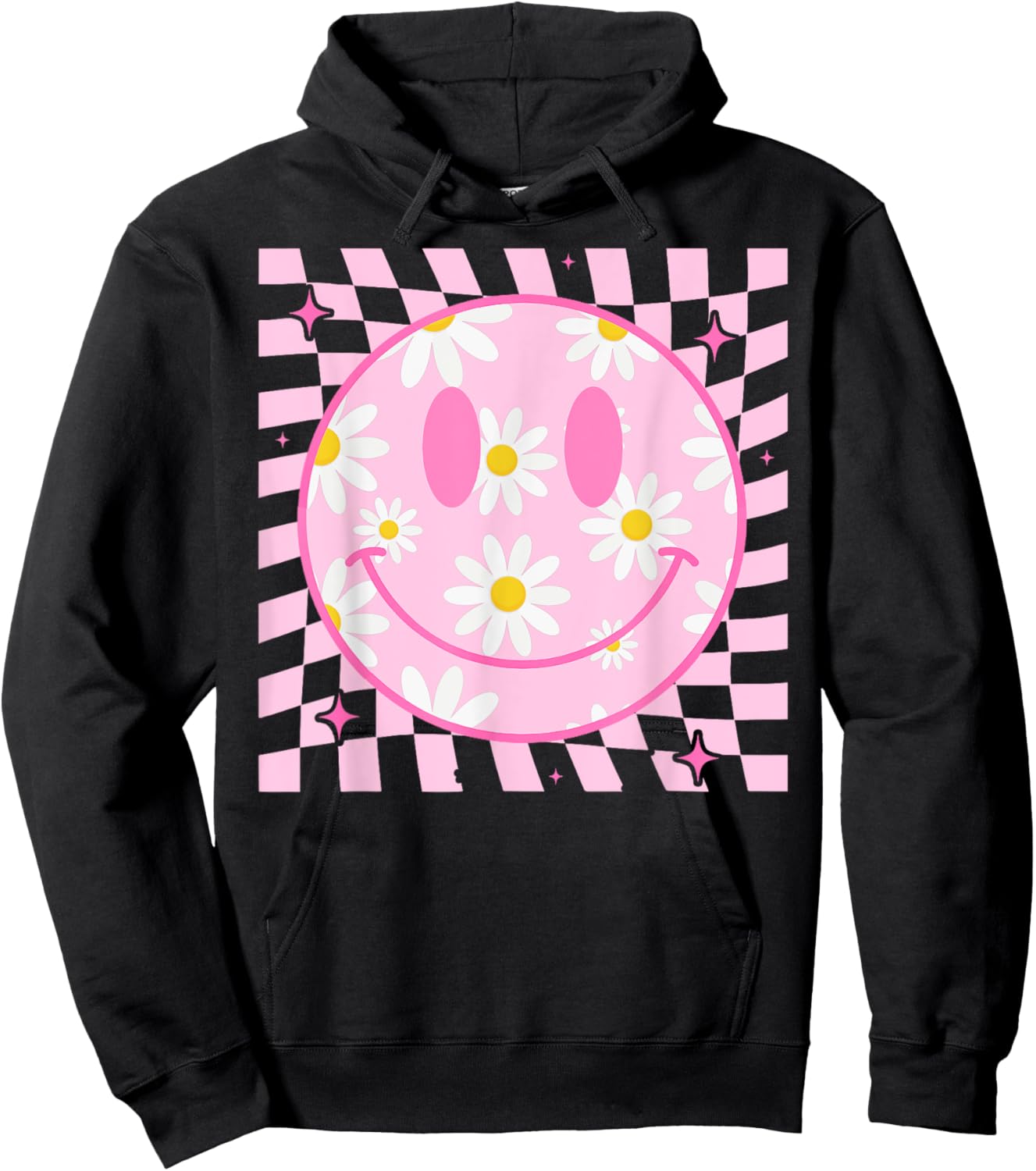 Retro Happy Smile Face Checkered Pattern Pink Daisy Flower Hoodie - Hoodie | Black