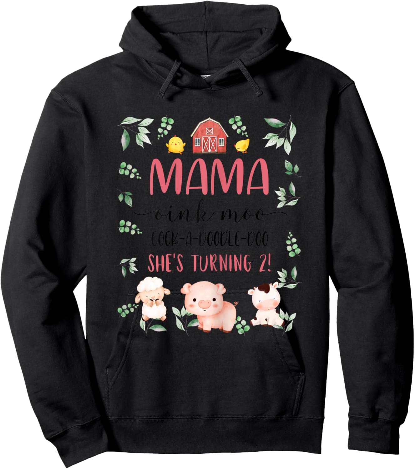 Mama Mom 2nd Birthday Oink Moo Cockadoodle Doo Second Bday Hoodie - Hoodie | Black