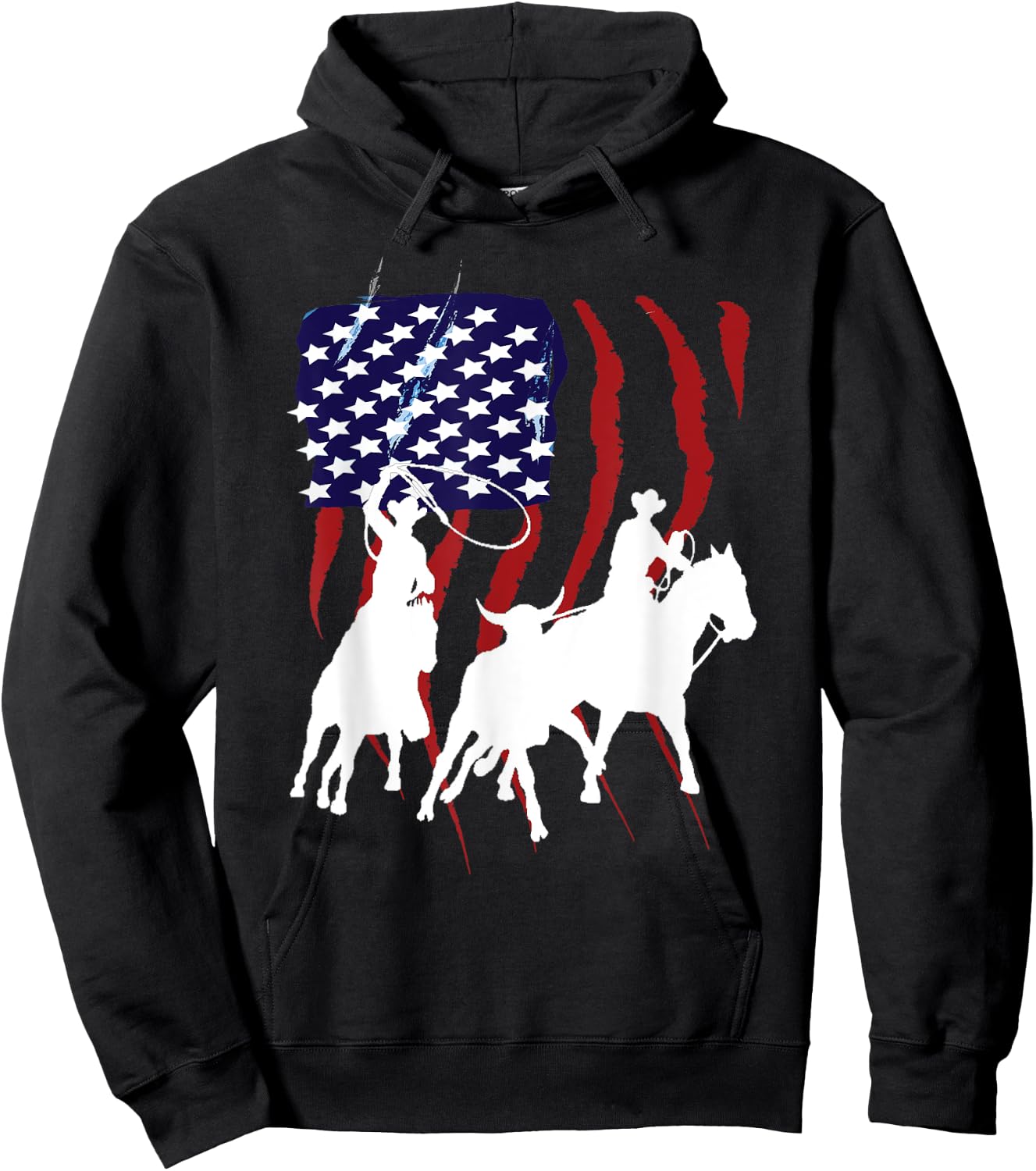 Rodeo Team Roping Distressed Grunge Cowboy American Flag Hoodie - Hoodie | Black
