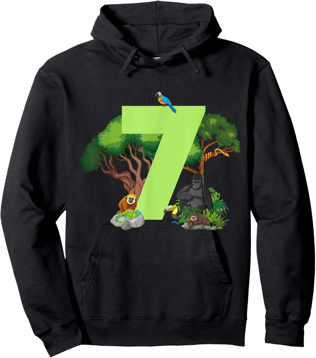 7th Birthday Jungle Animals Safari Rainforest 7 Year Old Hoodie - Hoodie | Black