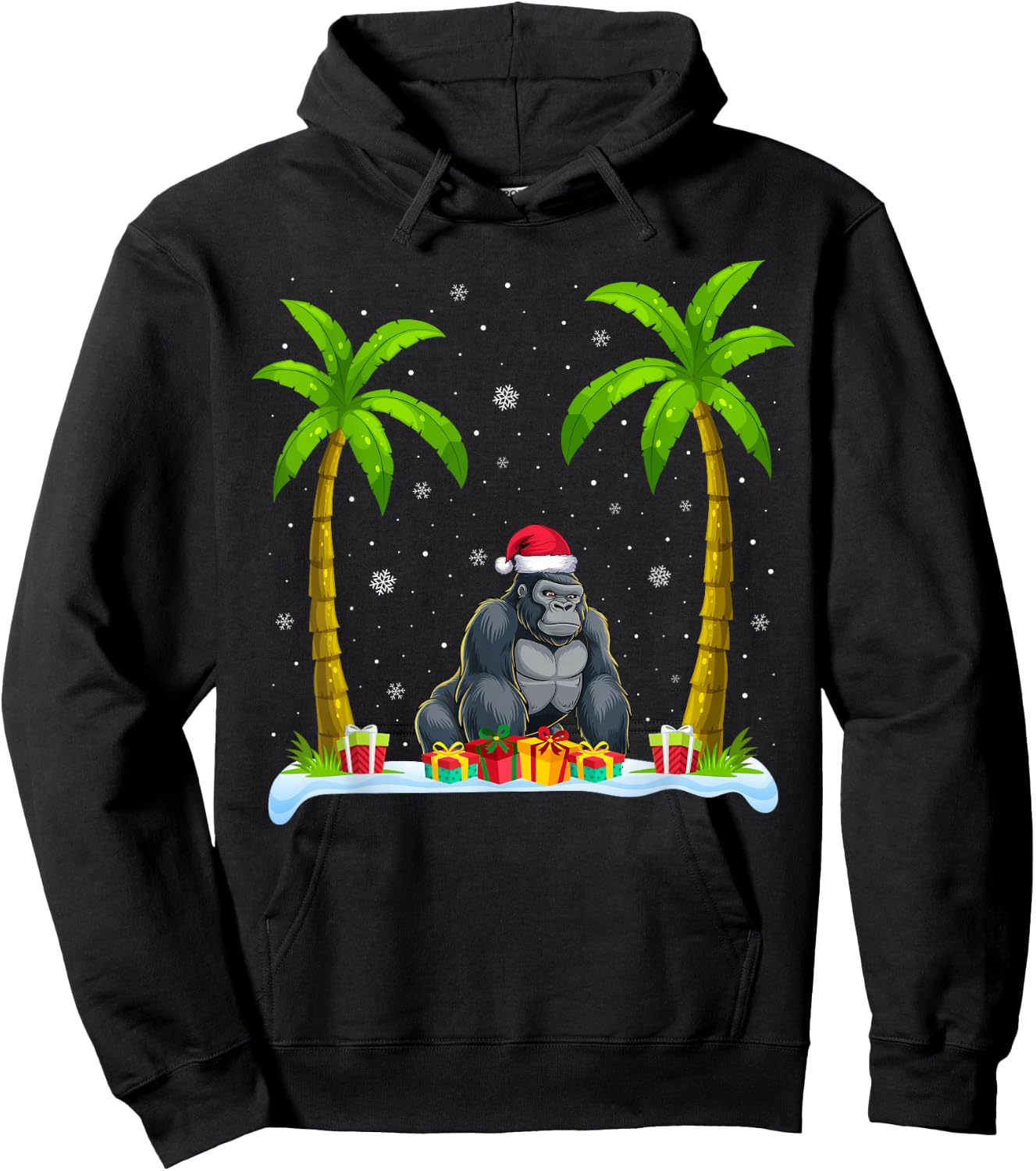 Gorilla Santa Hat Palm Tree Beach Xmas Pajama Hoodie - Hoodie | Black