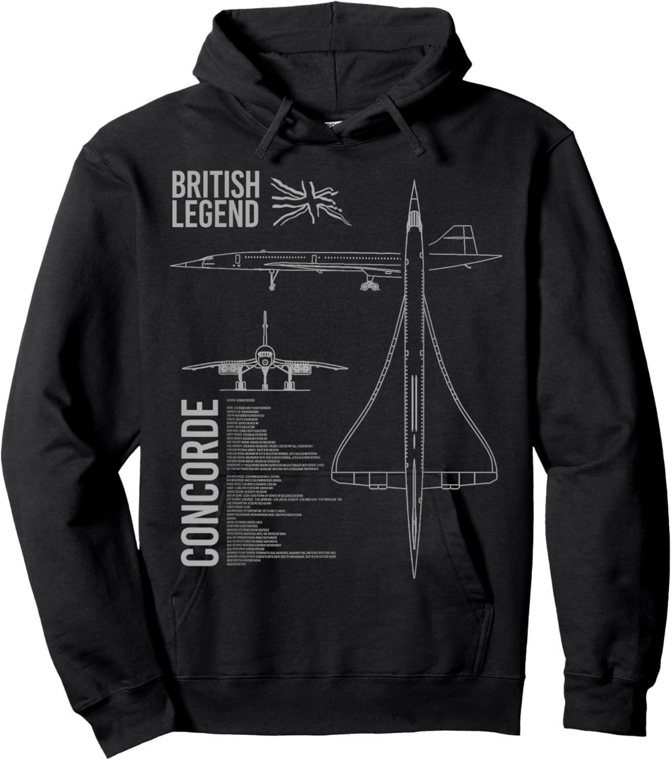 Concorde Airliner Aircraft - -Adults, Black, Small, Short Sleeve, Classic Fit, Cotton, Polyester Hoodie - Hoodie | Black