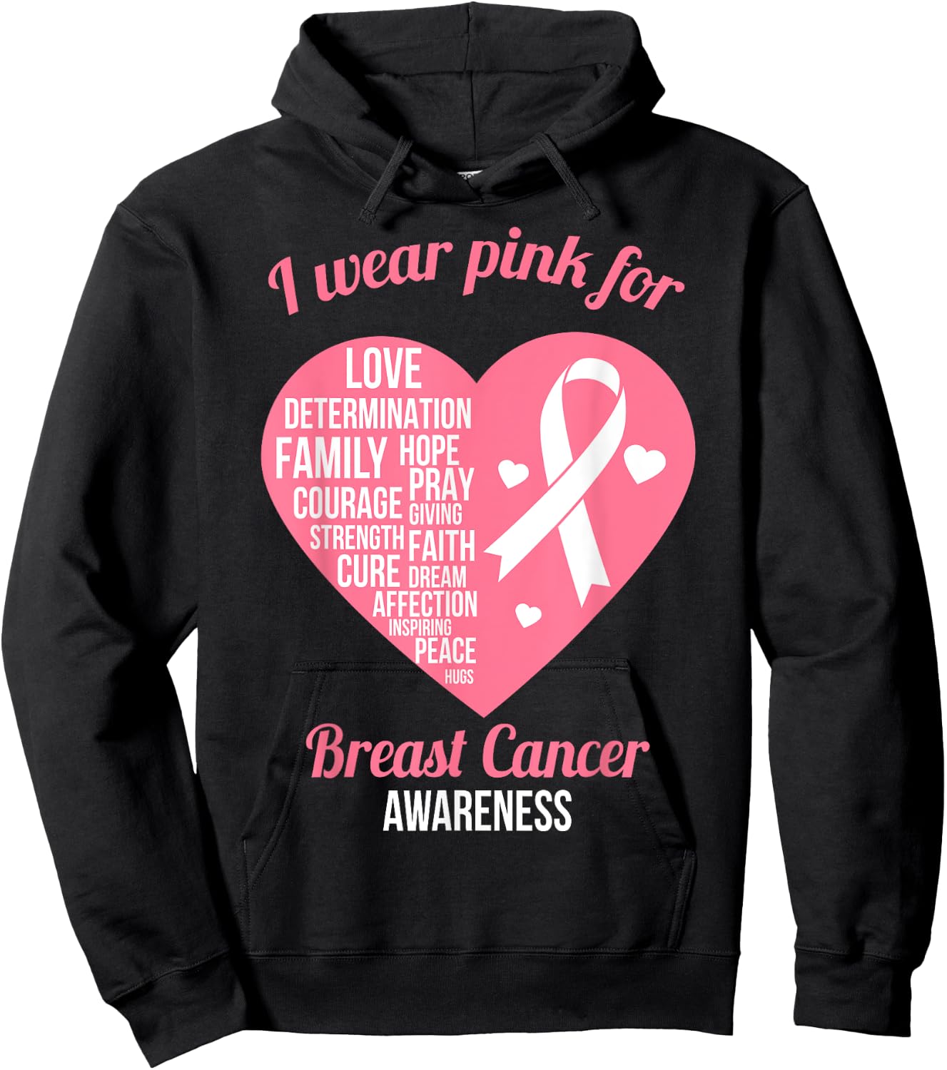 I Wear Pink Ribbon Heart Cool Breast Cancer Awareness Gift Hoodie - Hoodie | Black