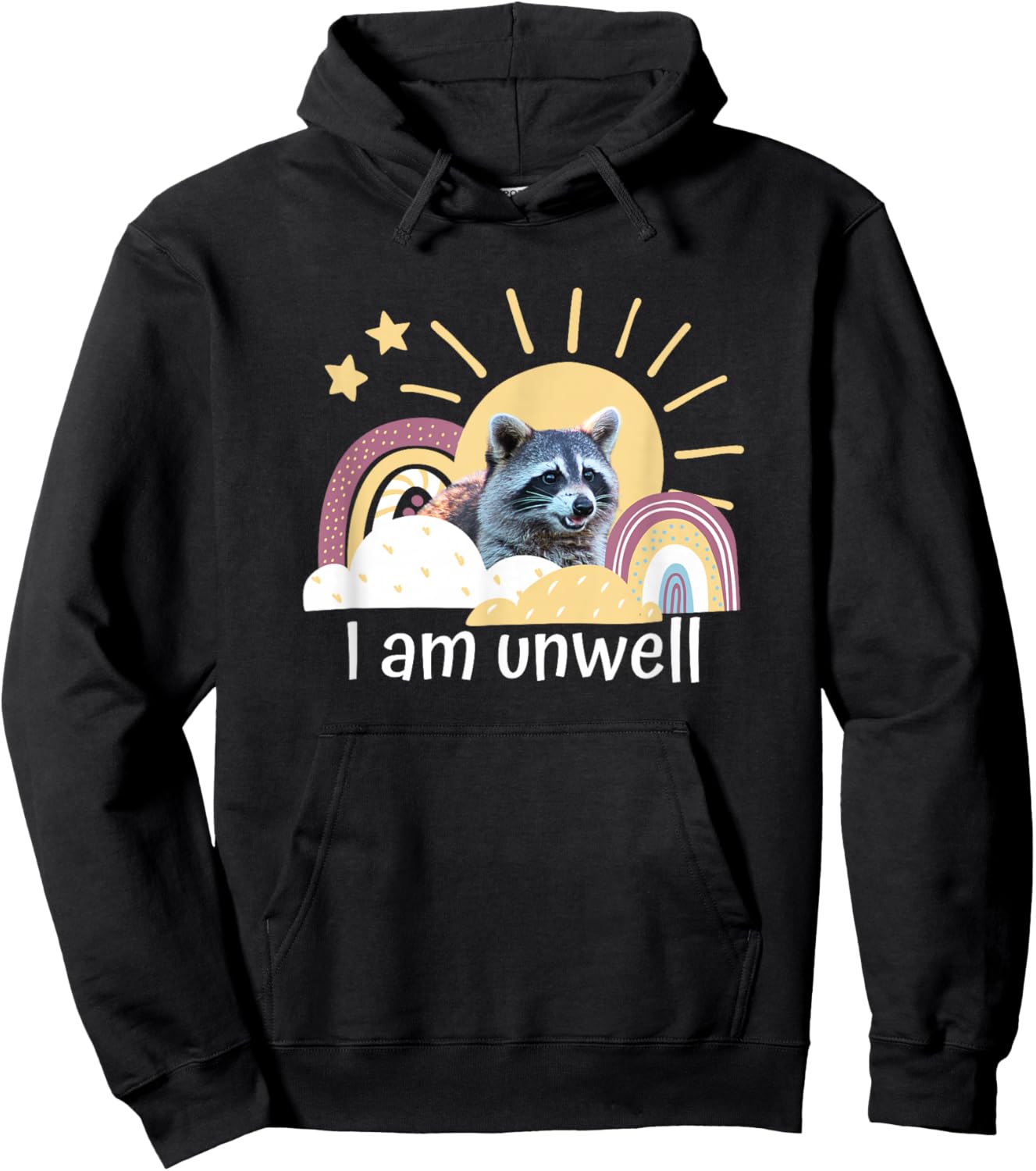 Raccoon Funny I Am Unwell Meme Mental Health Novelty Rainbow Hoodie - Hoodie | Black