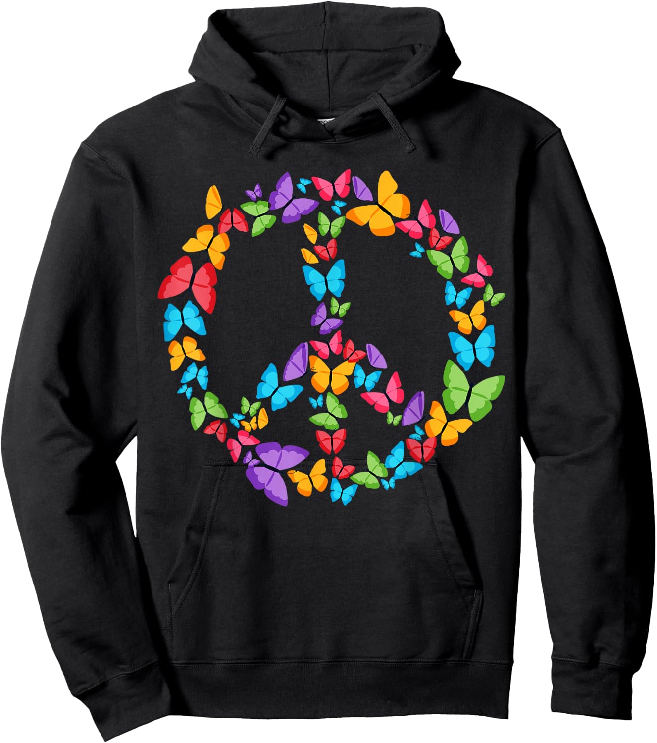 Retro Peace Love | Love 60's 70's Hippie Butterflies Hoodie - Hoodie | Black