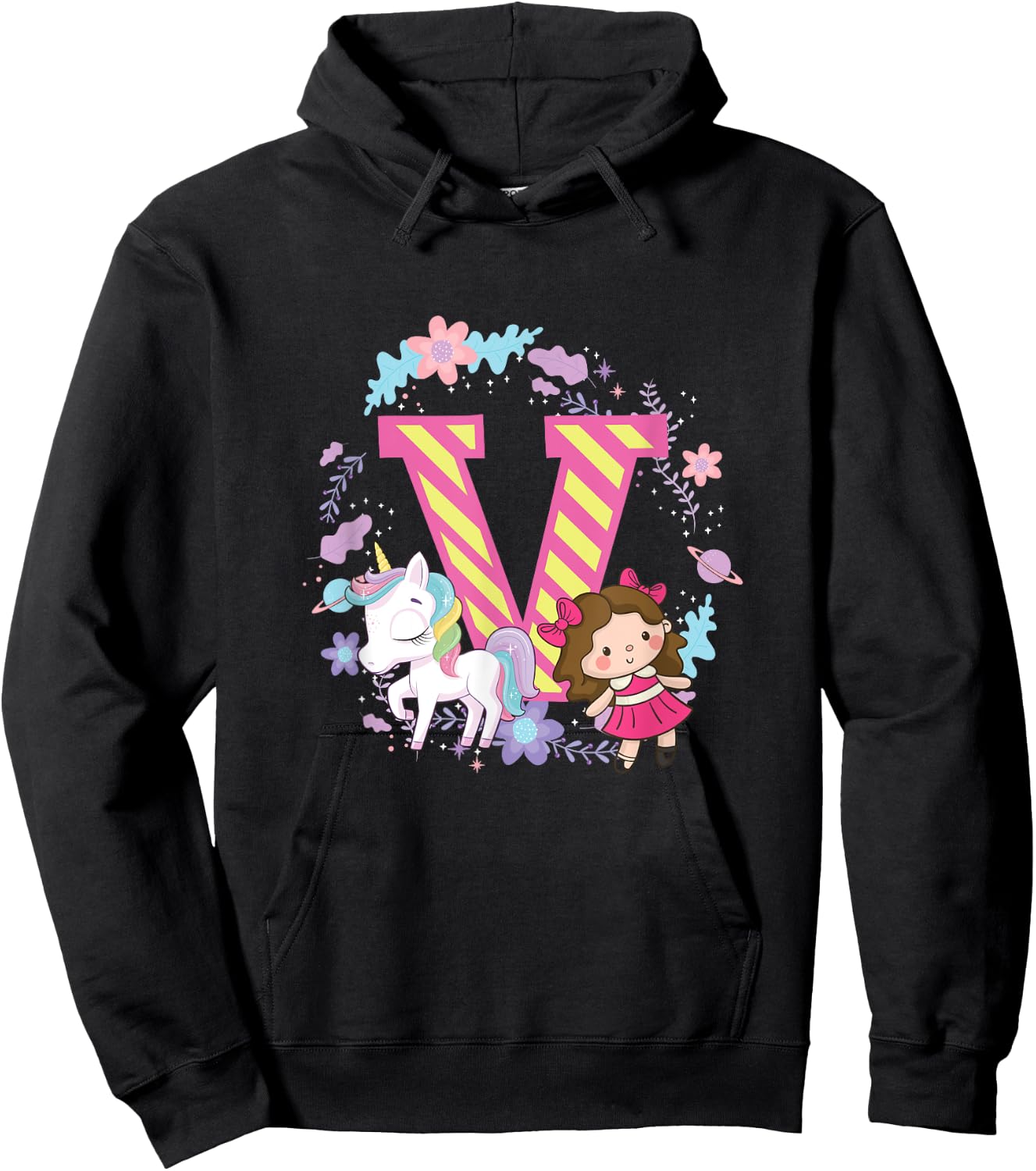 Letter V Sign Alphabet Last Name Consonants Unicorn Gift Hoodie - Hoodie | Black