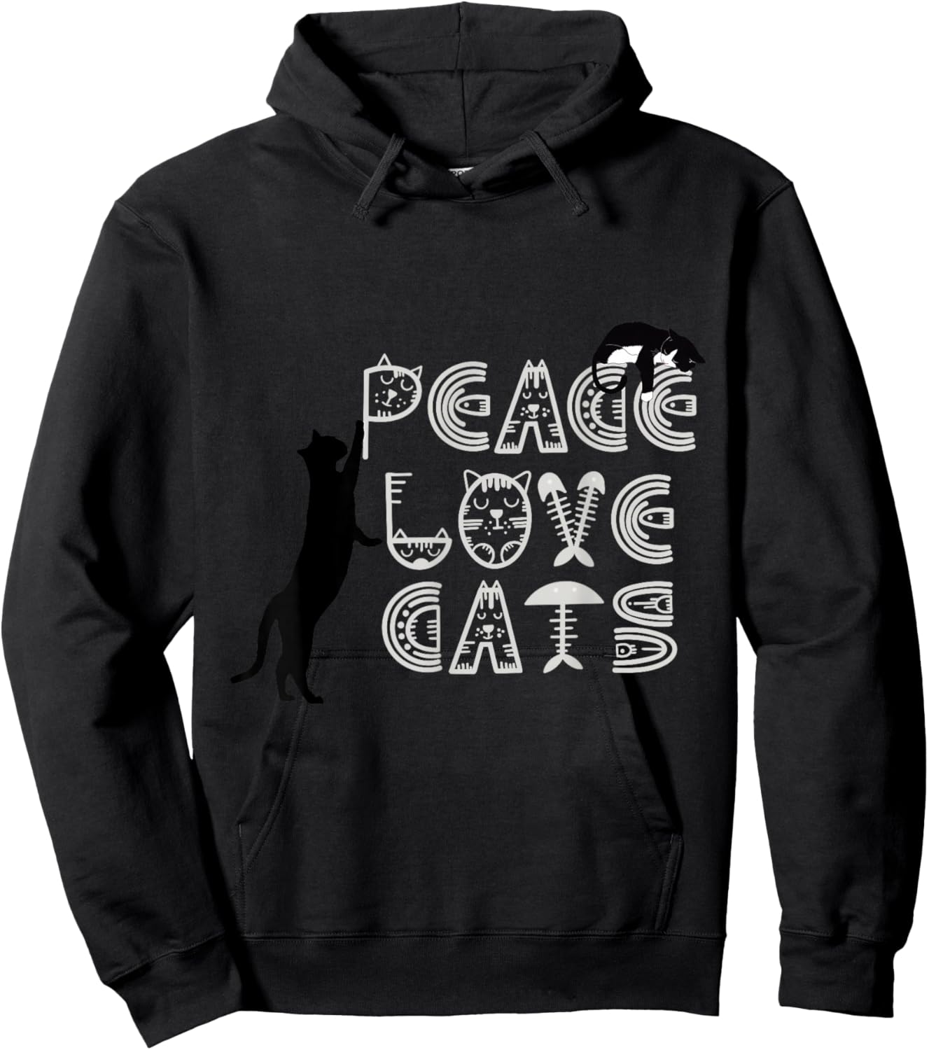 Peace Love Cats Typography with Cute Black Cats Hoodie - Hoodie | Black