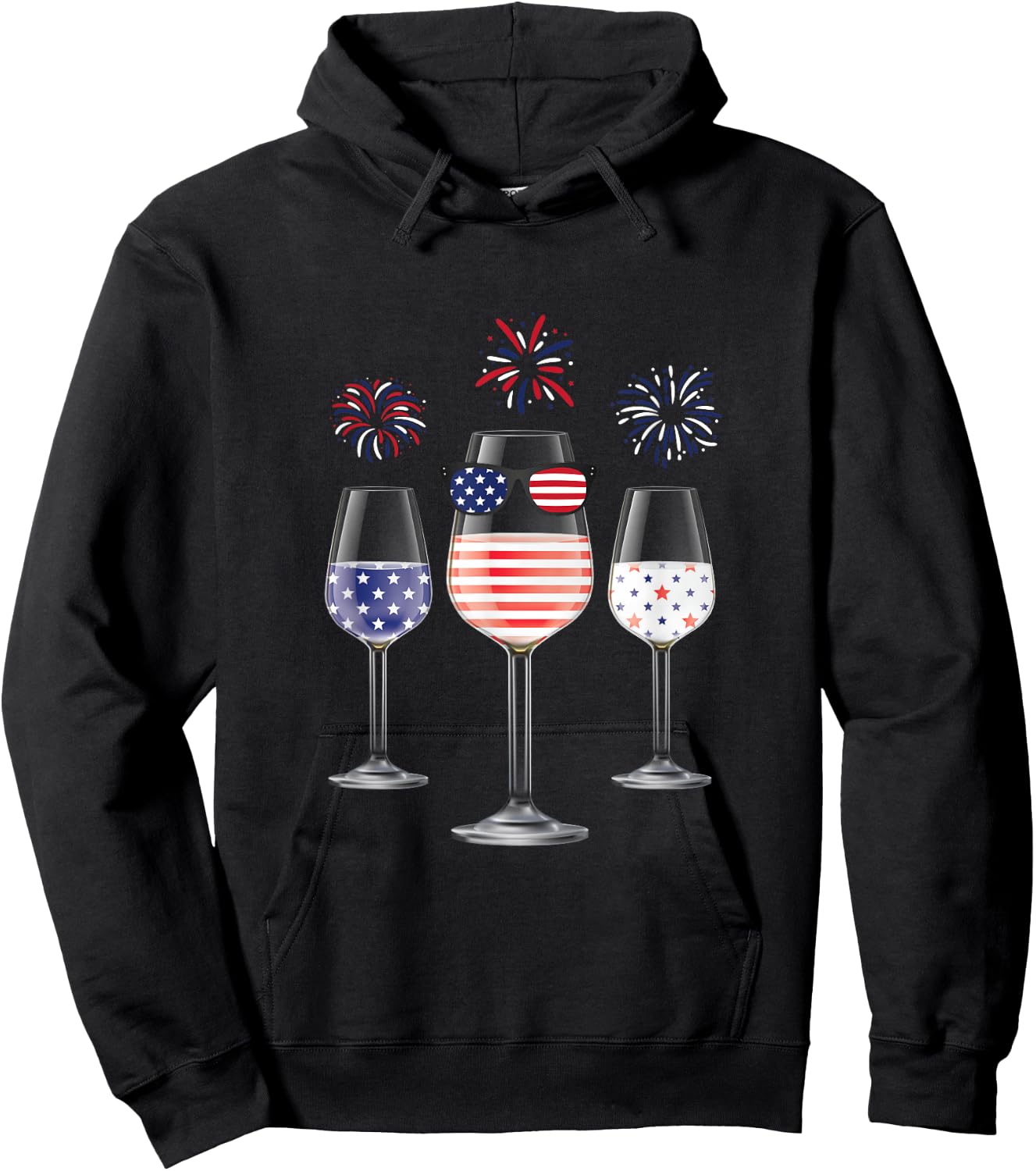 Red White Blue Wine Glasses American Flag Happy 4th of July Men Hoodie - Hoodie | Black