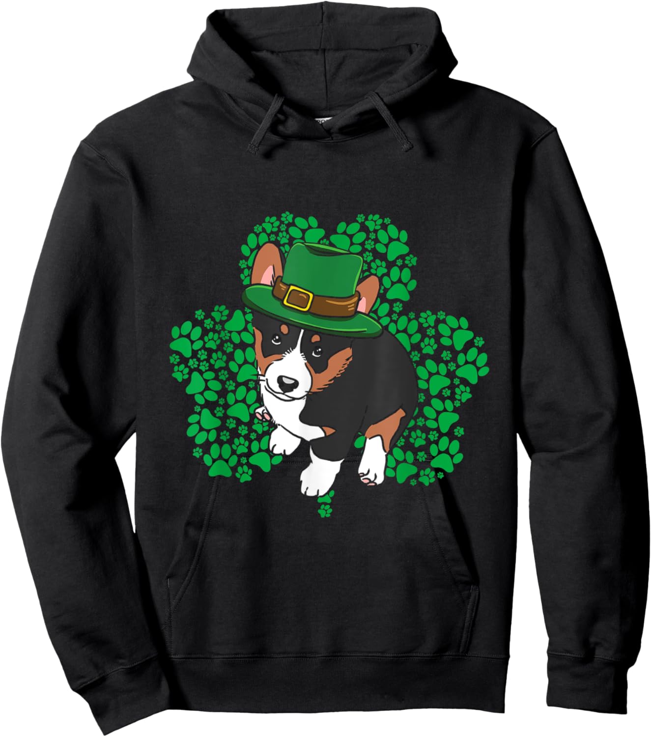 Lucky Tricolor Corgi Dog Leprechaun Hat St Patricks Day Hoodie - Hoodie | Black