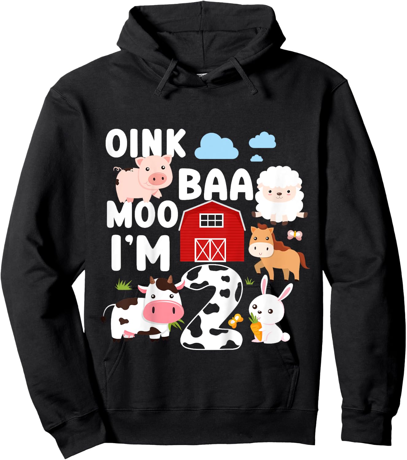 Oink Baa Moo I'm 2 Farm Animals 2nd Birthday For Kids Hoodie - Hoodie | Black