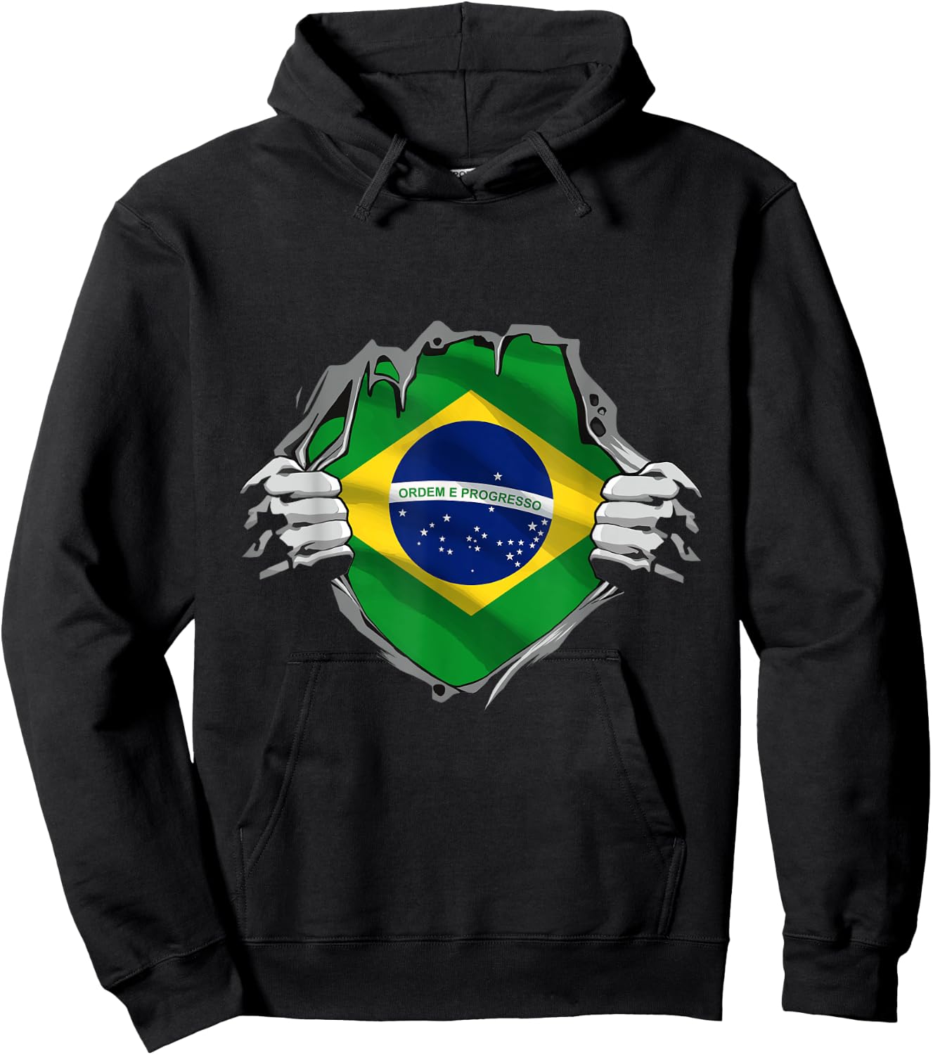 Superhero Brazil Flag Brazilian Hands Opening Shirt Chest Hoodie - Hoodie | Black