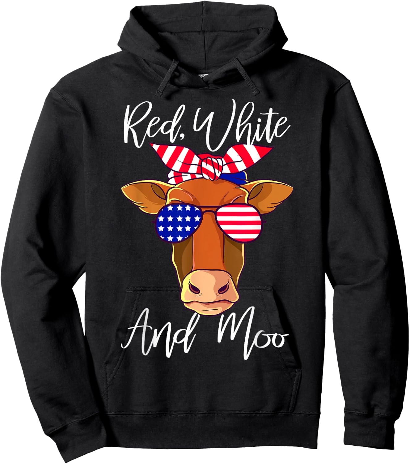 Red White and Moo Patriotic Cow USA Flag Funny 4th of July Girls Kids Men Hoodie - Hoodie | Black