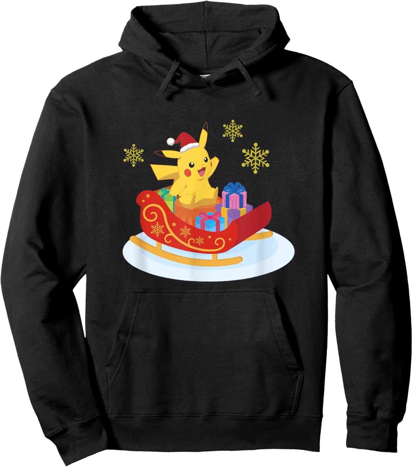 Pokémon Christmas Pikachu Sleigh Ride Snowflake Portrait Hoodie - Hoodie | Black