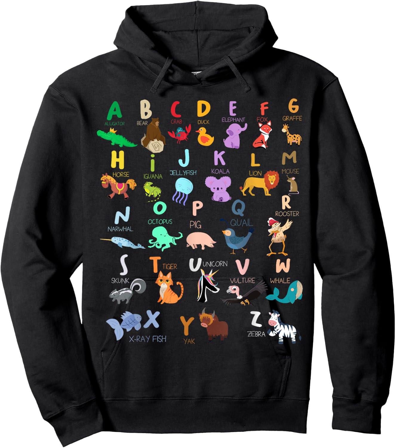 Alphabet Animal ABC Alligator Bear Crab Duck Elephant Fox Hoodie - Hoodie | Black