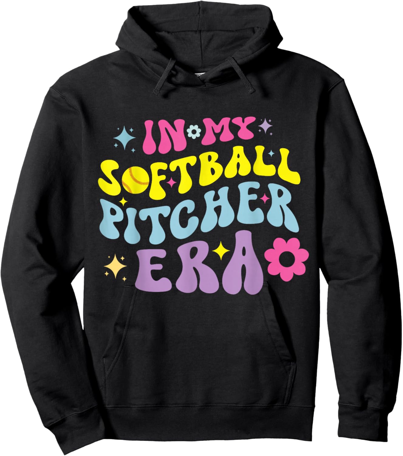 In My Softball Pitcher Era Groovy Fastpitch Girls Game Hoodie - Hoodie | Black