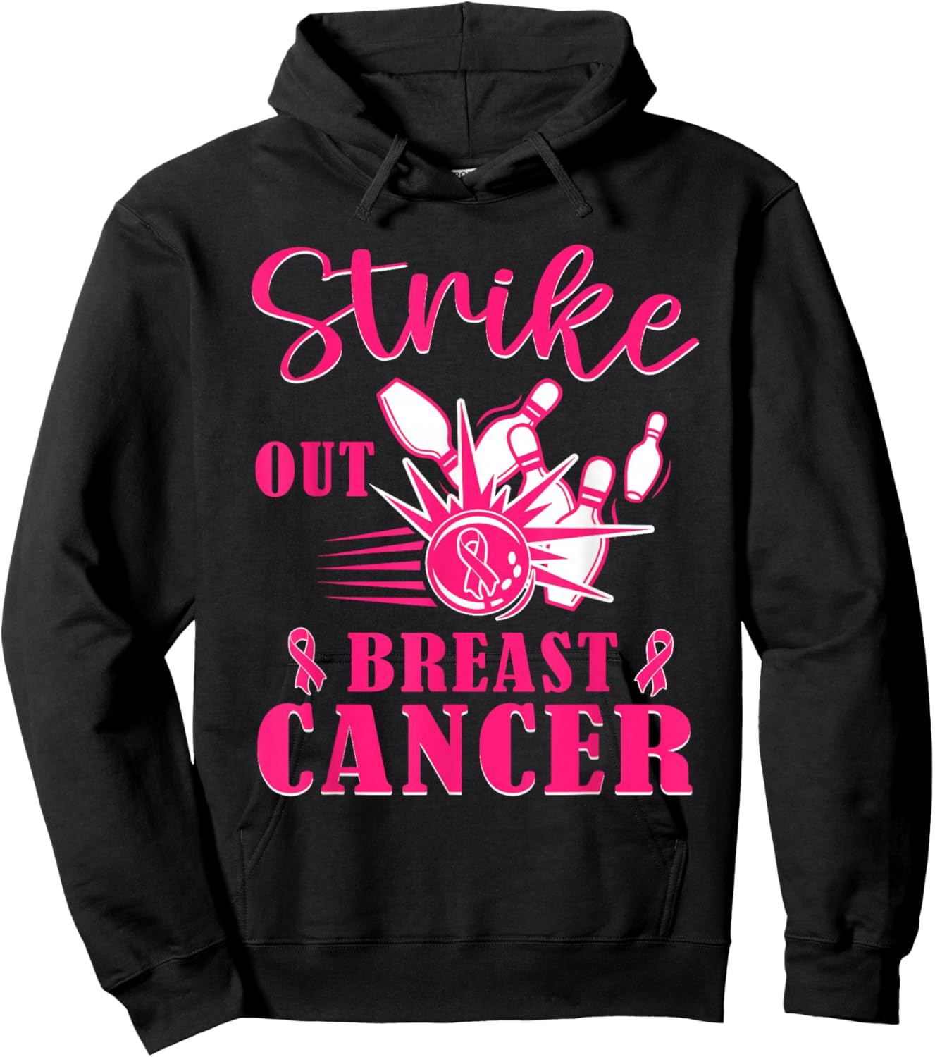 Breast Cancer Awareness - Bowling Strike Out Pink Ribbon Hoodie - Hoodie | Black