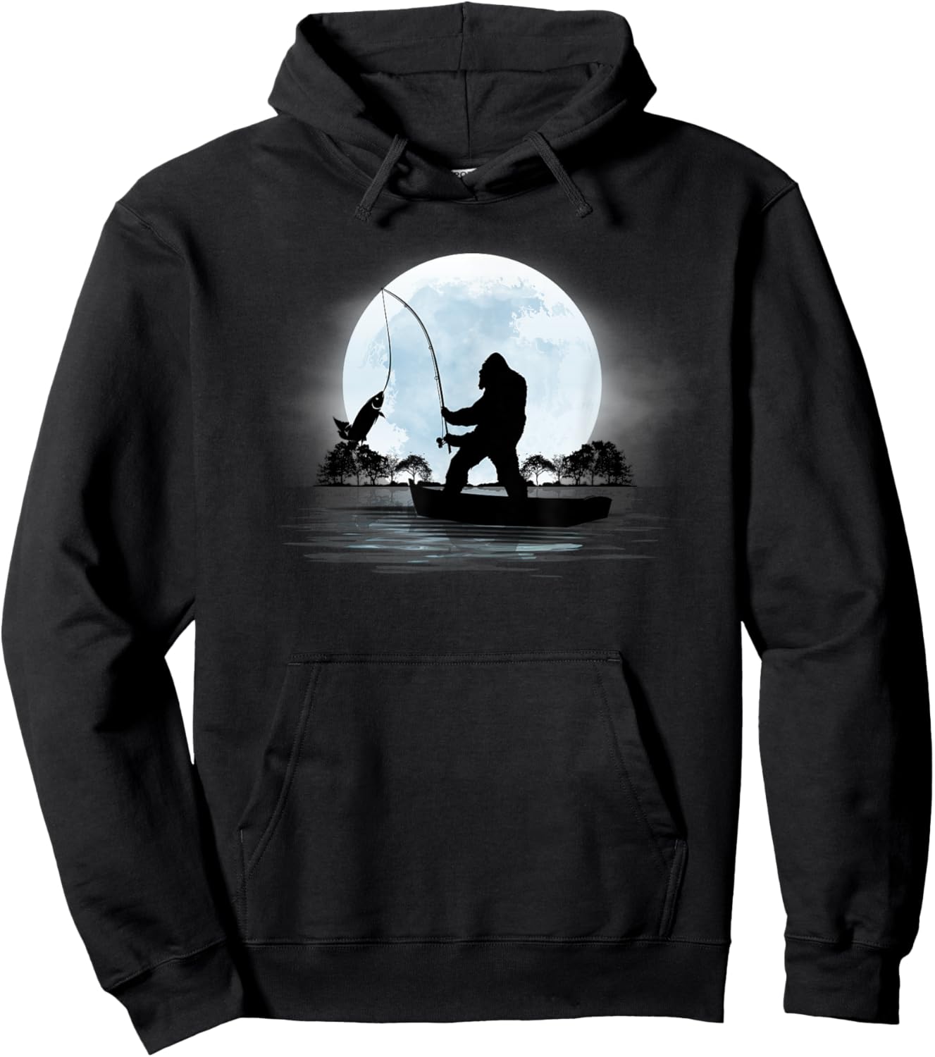 Bigfoot Fishing Outdoor Retro Night Fishing Sasquatch Hoodie - Hoodie | Black