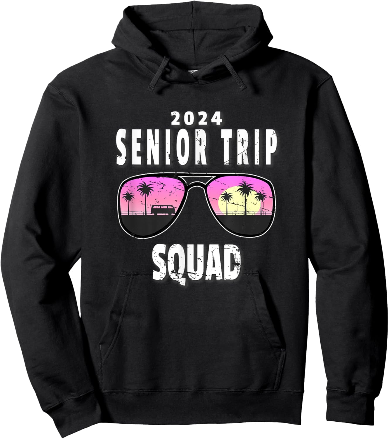 2024 Senior Trip Squad Sunglasses Beach Palm Tree Artwork Men Women Kids Hoodie - Hoodie | Black