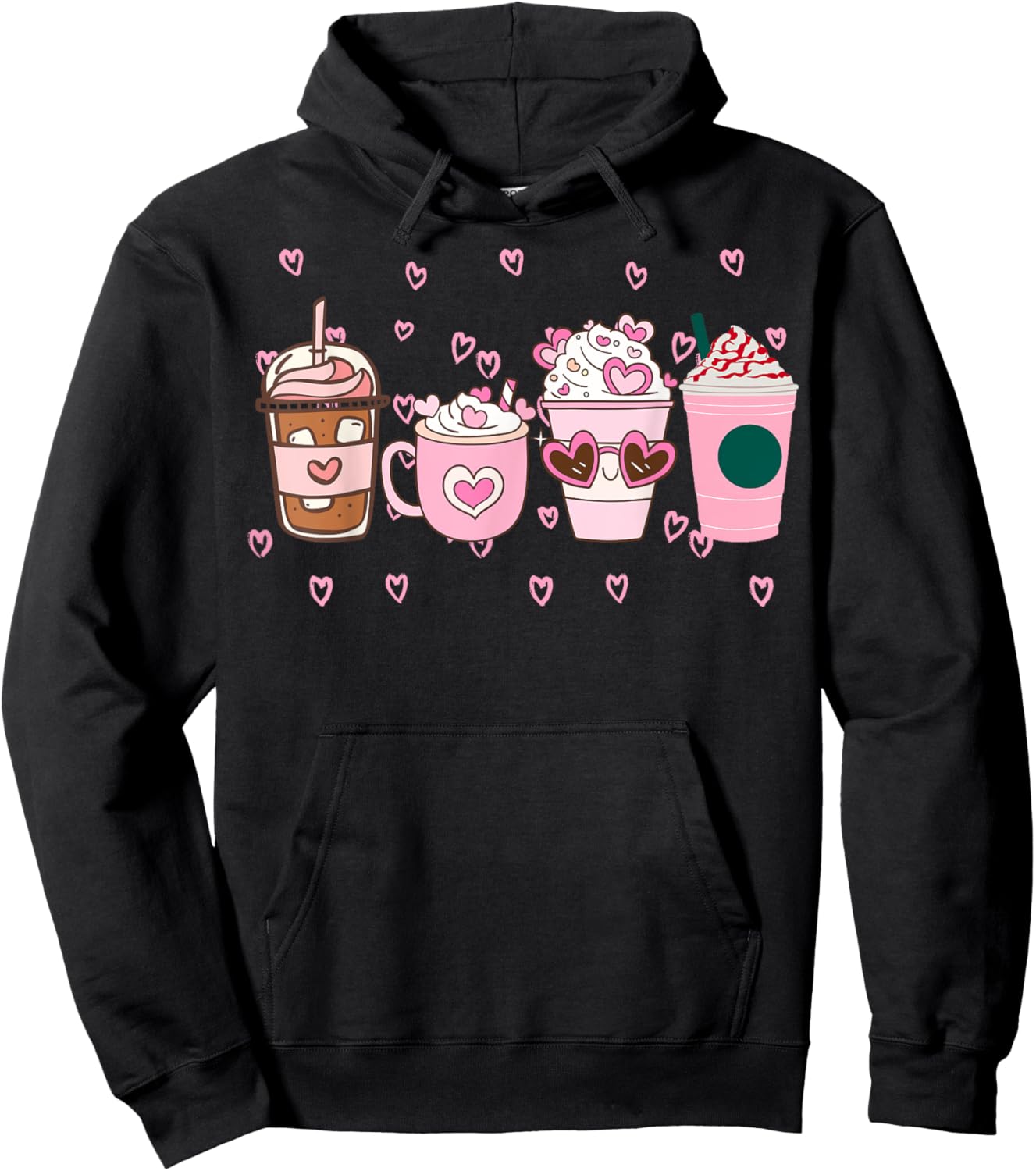 Valentine Coffee, Pink Coffee, Valentine's day, Pink Hearts Hoodie - Hoodie | Black