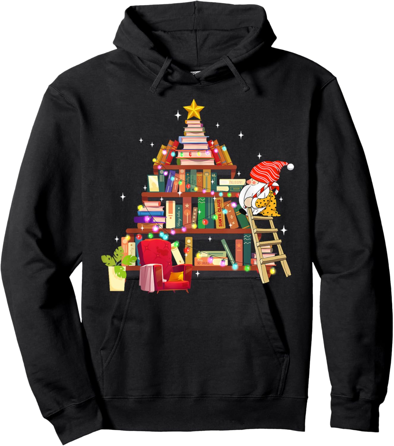 Librarian And Book Lover Christmas Library Tree Lights Gnome Hoodie - Hoodie | Black