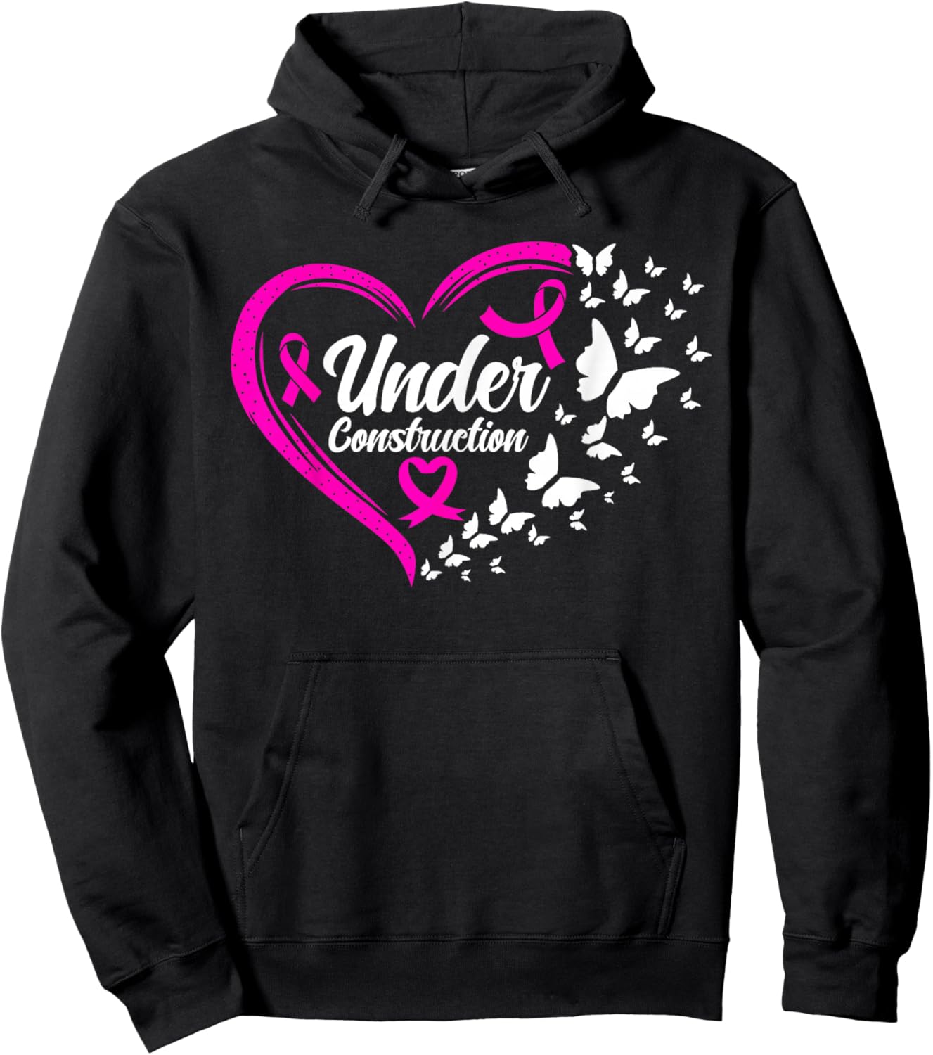 Under Construction Butterfly Pink Breast Cancer Awareness Hoodie - Hoodie | Black