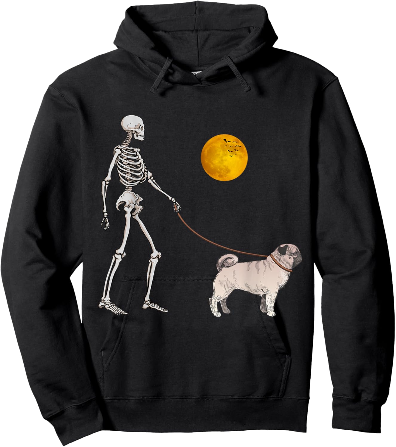 Pug Skeleton Dog Walking Halloween Costume Women Girls Kids Hoodie - Hoodie | Black