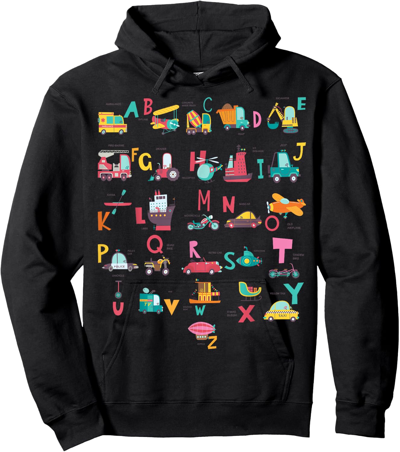 Ambulance Excavator Helicopter Truck Vehicles ABC Toddler Hoodie - Hoodie | Black