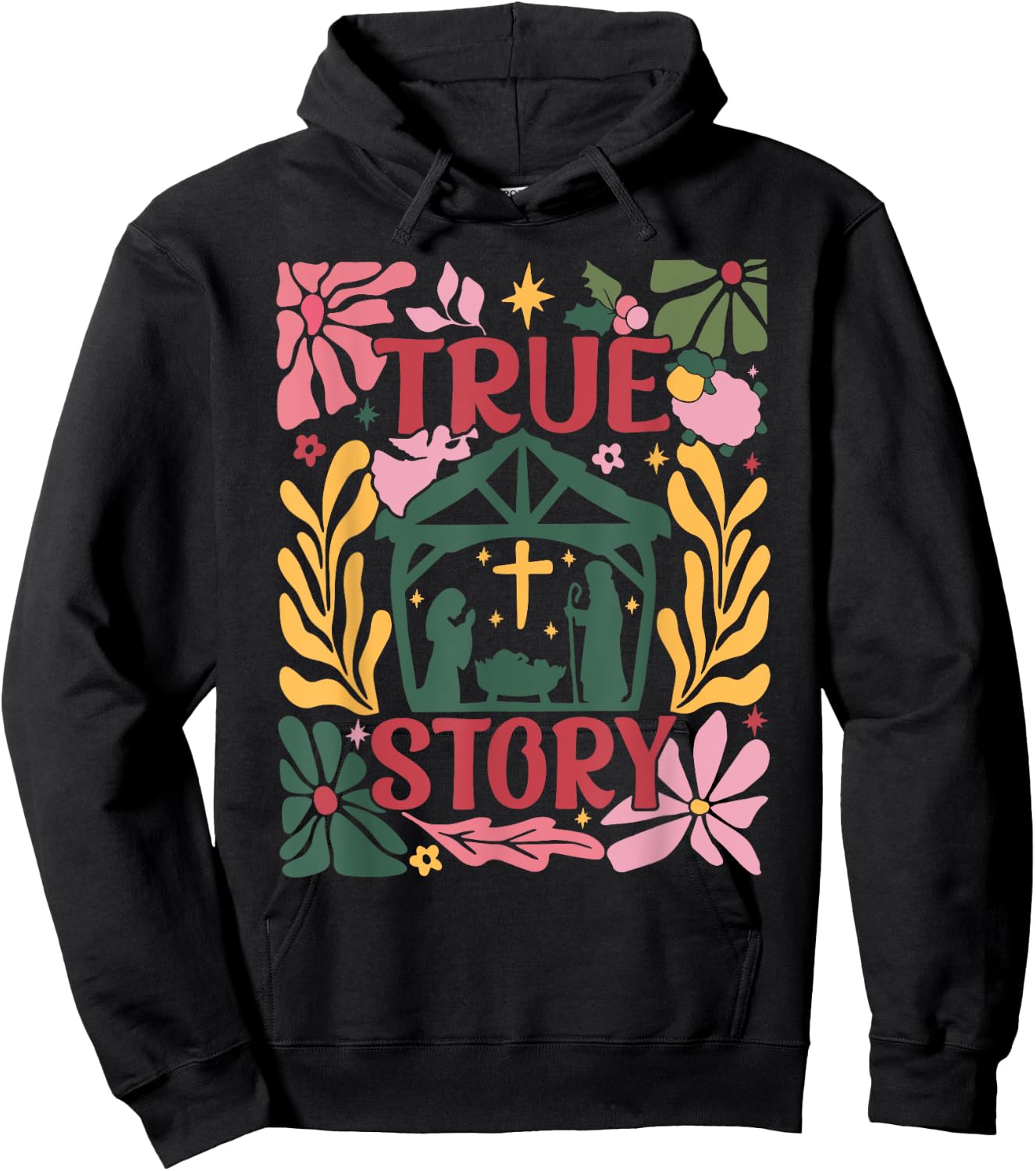 True Story Jesus Christmas Nativity Scene Boho Flower Hoodie - Hoodie | Black