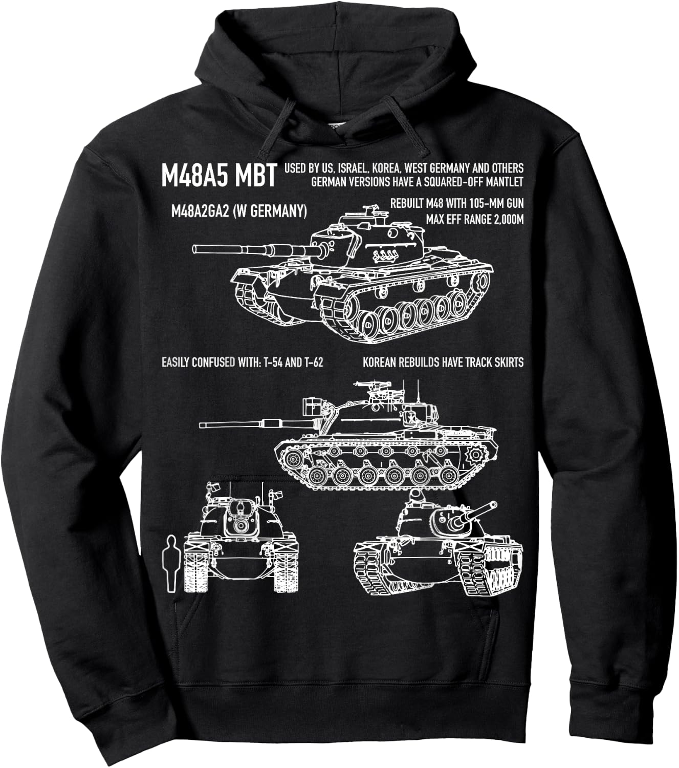 M48 A5 Patton Tank American Blueprint Diagram Hoodie - Hoodie | Black