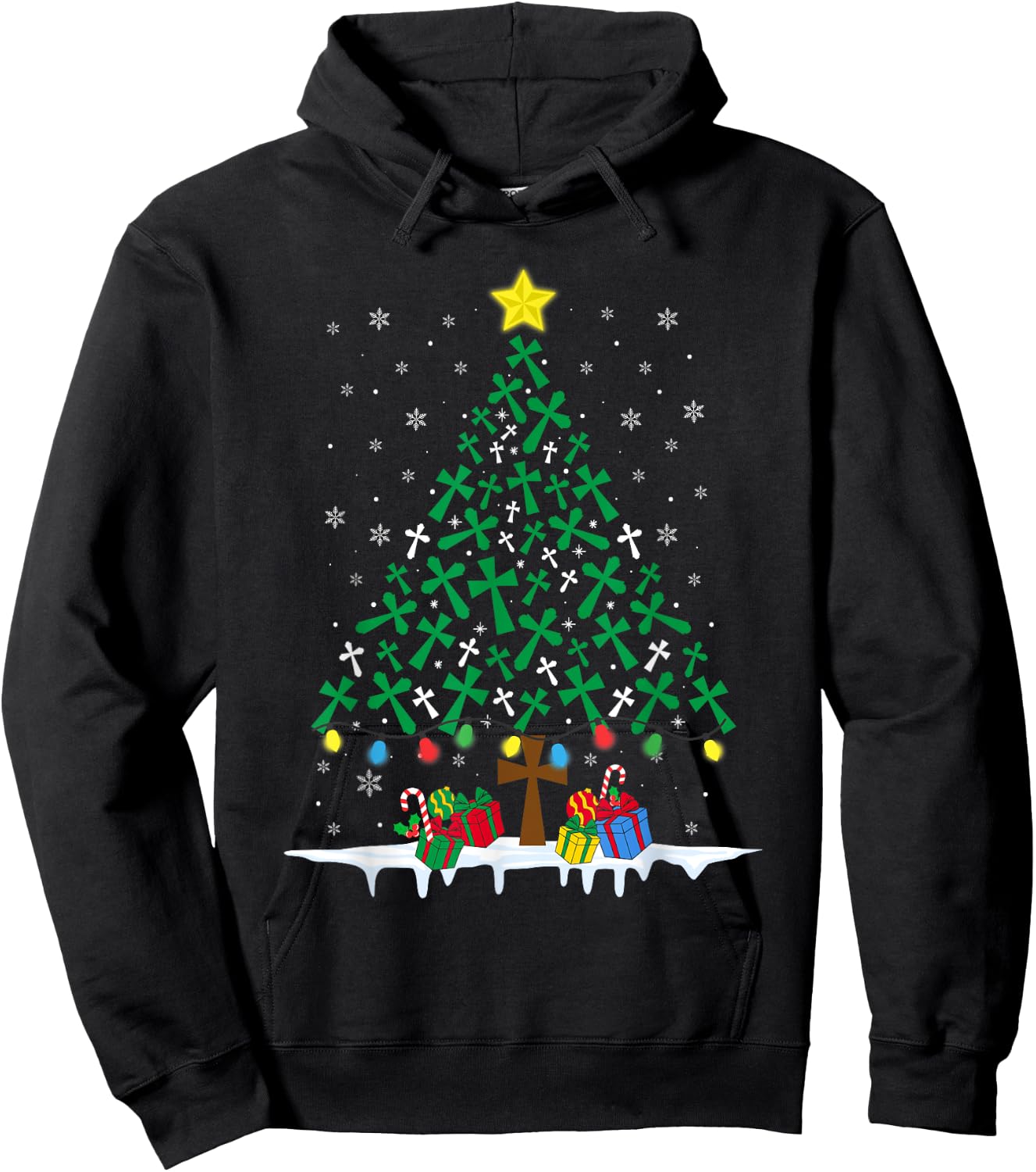 Faith Cross Christian Holiday Family Matching Christmas Tree Hoodie - Hoodie | Black