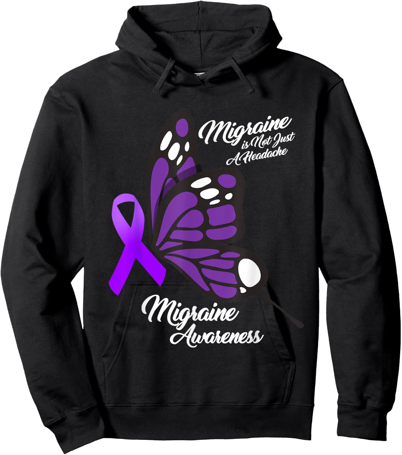 Migraine Awareness Not Just Headache Purple Ribbon Butterfly Hoodie - Hoodie | Black